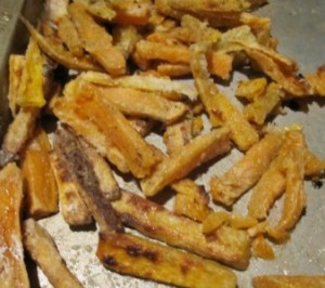 Our sweet potato fry disaster. Not crunchy. 