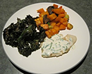 Broiled fish with a mustard cream sauce, veggies and kale. Such a good dinner. 